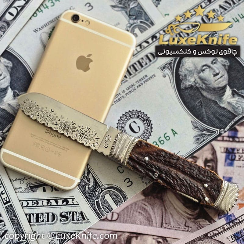 چاقوی فوق کلکسیونی استاد اکبر خلفی طرح تاج ( دسته شاخ گوزن ) — تصویر ۲