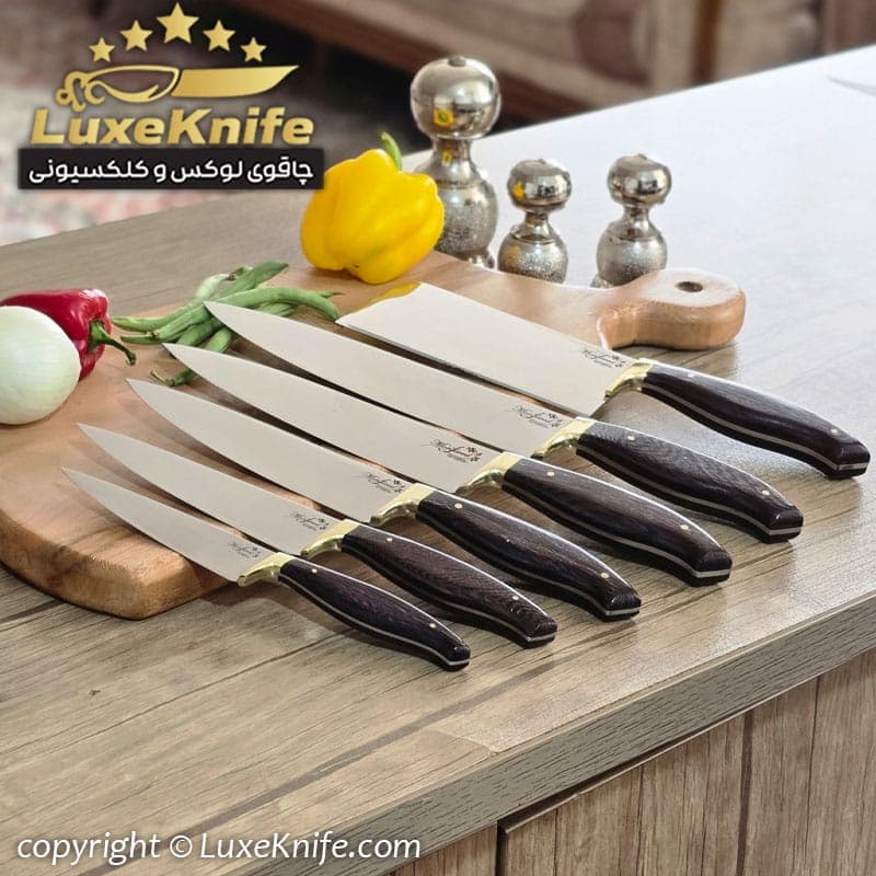 سرویس چاقوی آشپزخانه 6 پارچه دسته ونگه استاد منفرد ( برند اصل استاد منفرد حک شده روی تیغه)