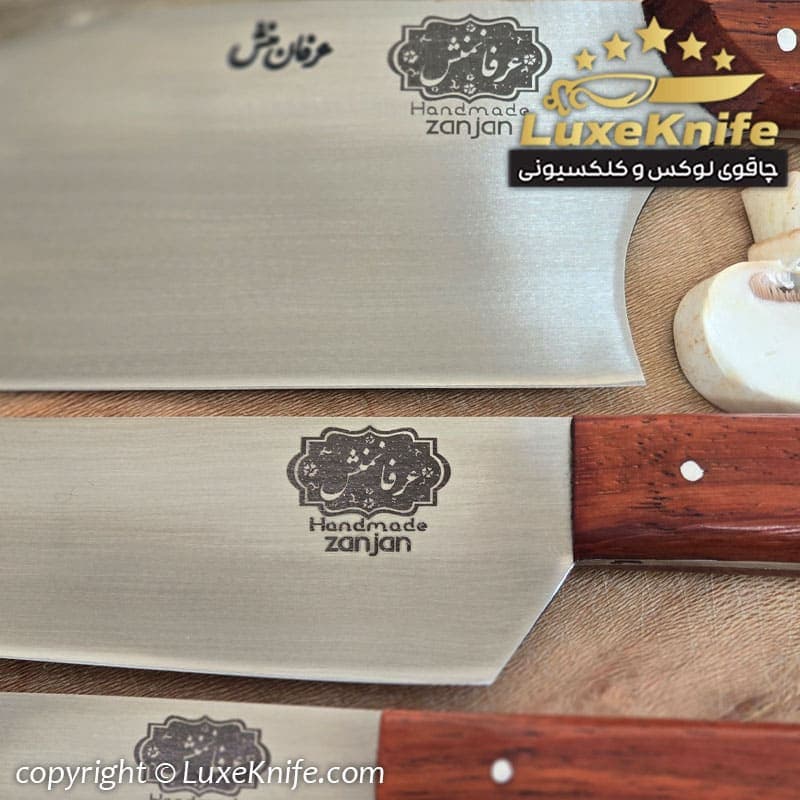 سرویس چاقوی آشپزی لوکس زنجان ساخت استاد عرفان منش ( شامل 4 چاقو و یک ساطور صربستانی ) — تصویر ۳