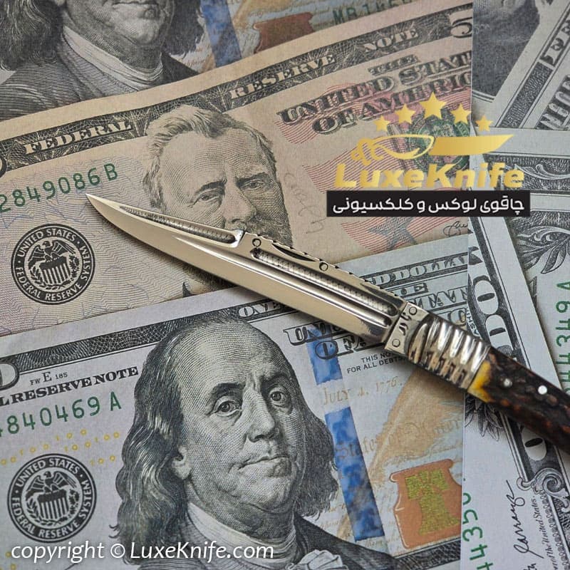 چاقوی کلکسیونی طرح ابرویی دسته شاخ گوزن استاد نادر عباسی — تصویر ۴