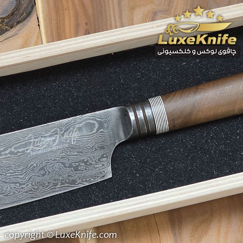 کارد شف نایف حرفه ای تیغه دمشقی بولستر طرح آنوش دسته چوب گردو — تصویر ۵