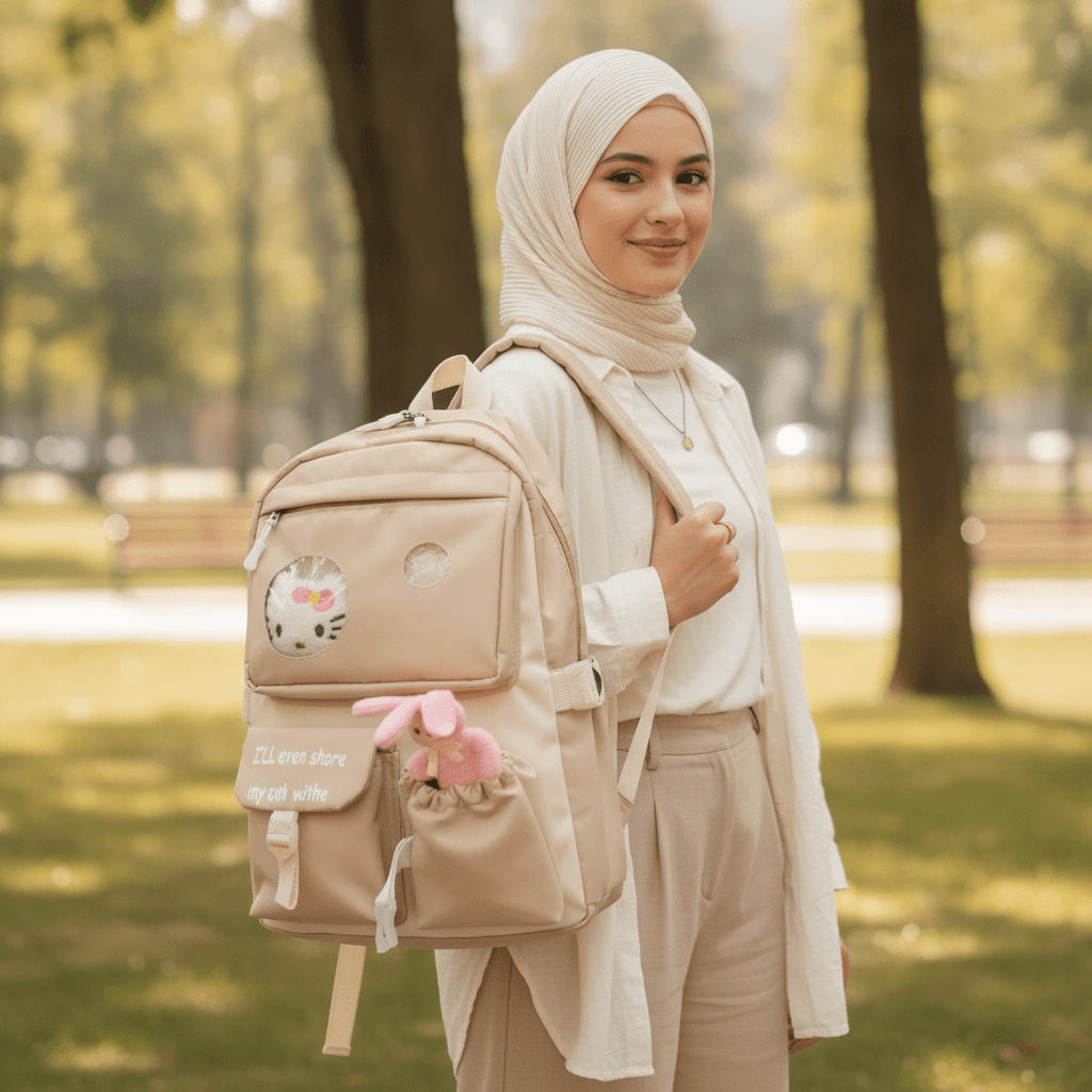 کوله‌پشتی دخترانه کودک صورتی فانتزی طرح کیتی و خرگوش — تصویر ۵