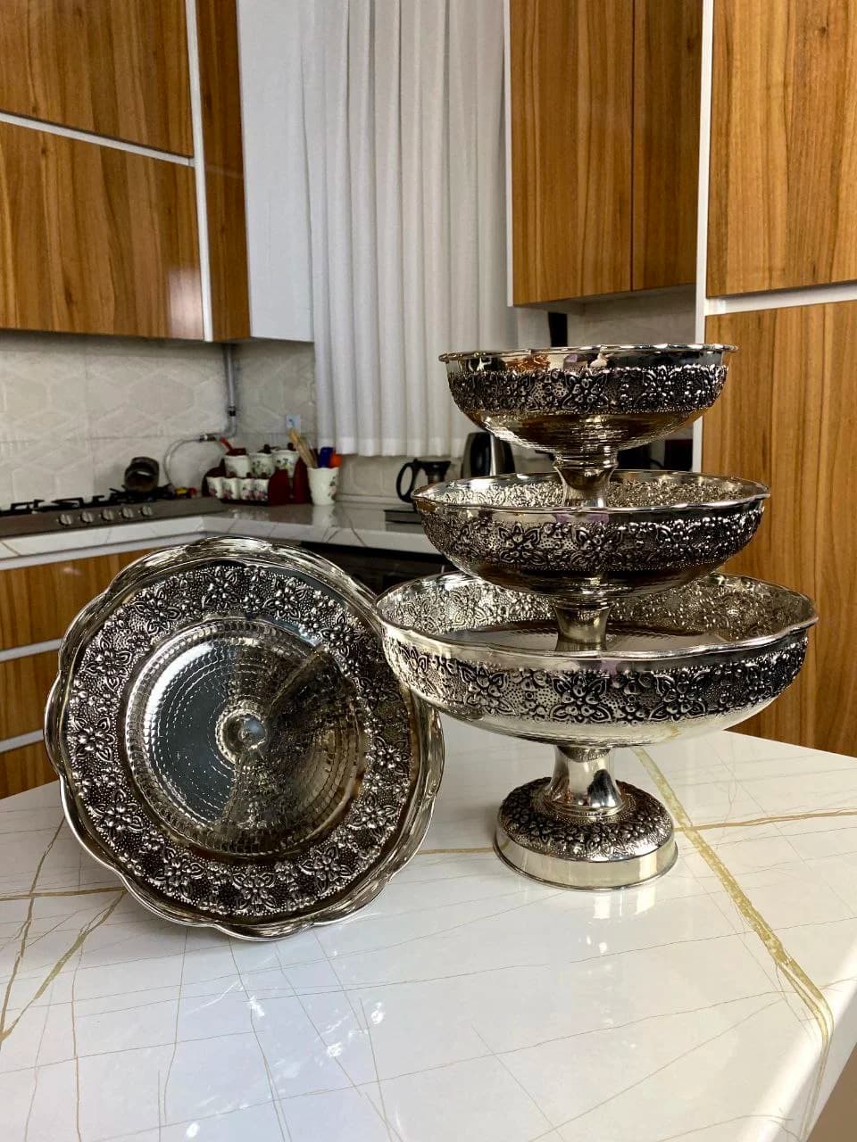 سرویس پذیرایی مسی گلبرگ مه گل با آبکاری کروم — تصویر ۳