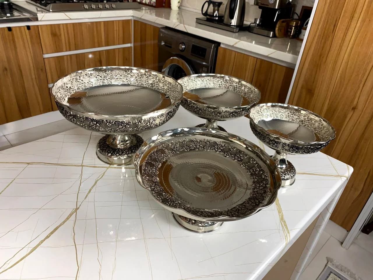 سرویس پذیرایی مسی گلبرگ مه گل با آبکاری کروم — تصویر ۲