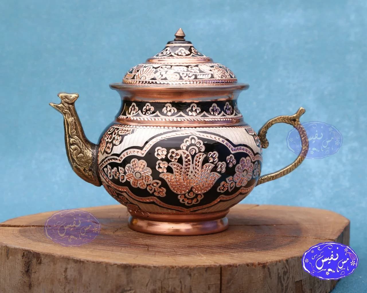سماور ذغالی مسی نقره کوب — تصویر ۶