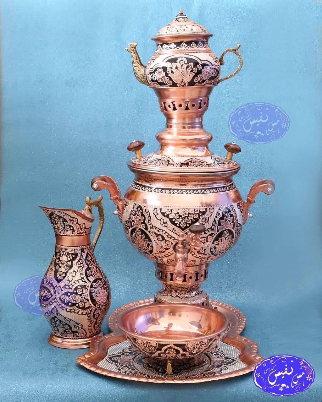 سماور ذغالی مسی نقره کوب