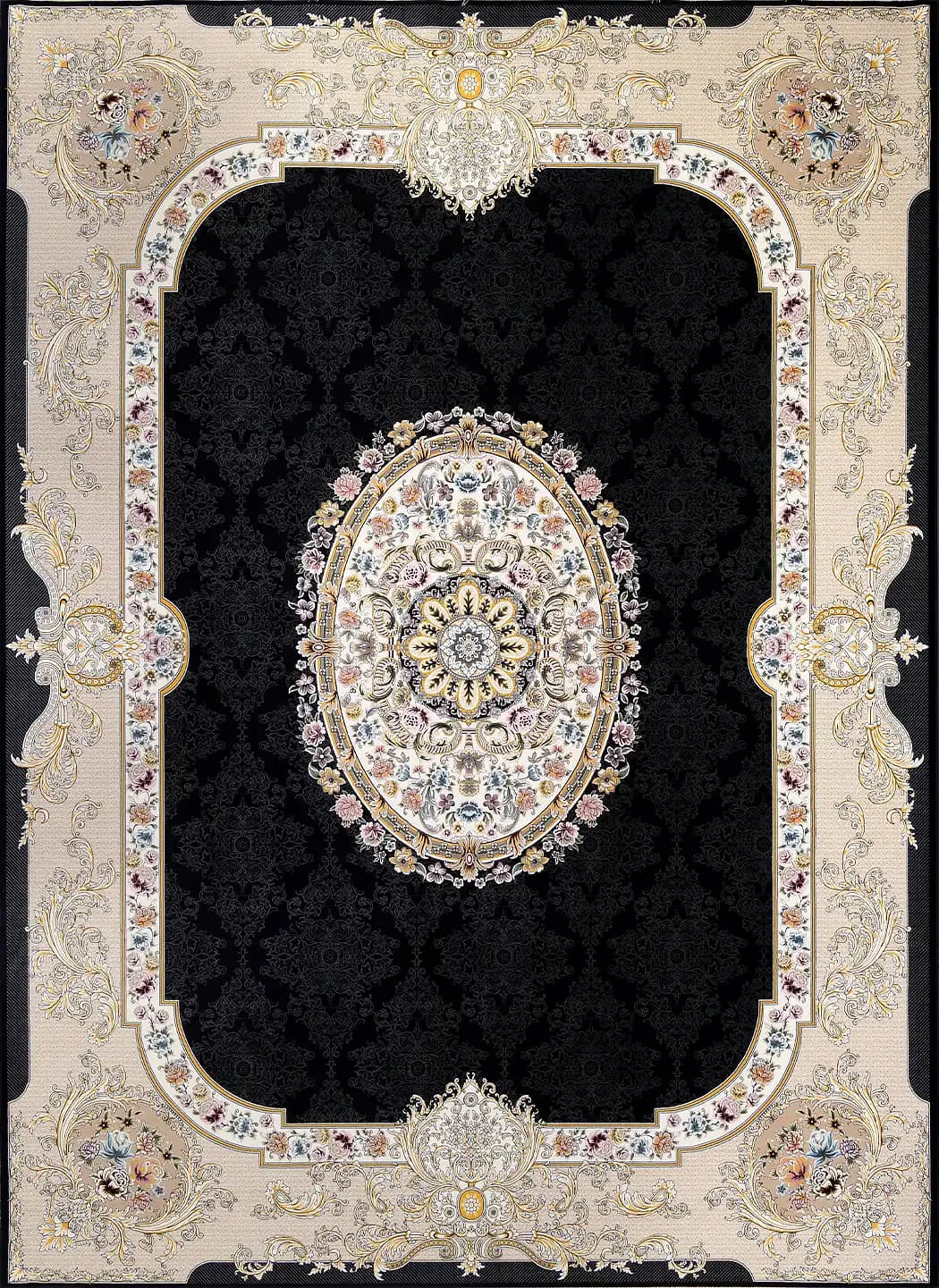 فرش ماشینی کلاسیک کیان مدل گلی سرمه ای ۱۲۰۰ شانه