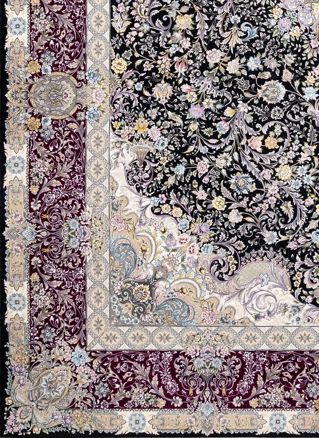 فرش ماشینی کلاسیک کیان مدل پرگل سرمه ای ارغوانی ۱۲۰۰ شانه — تصویر ۲