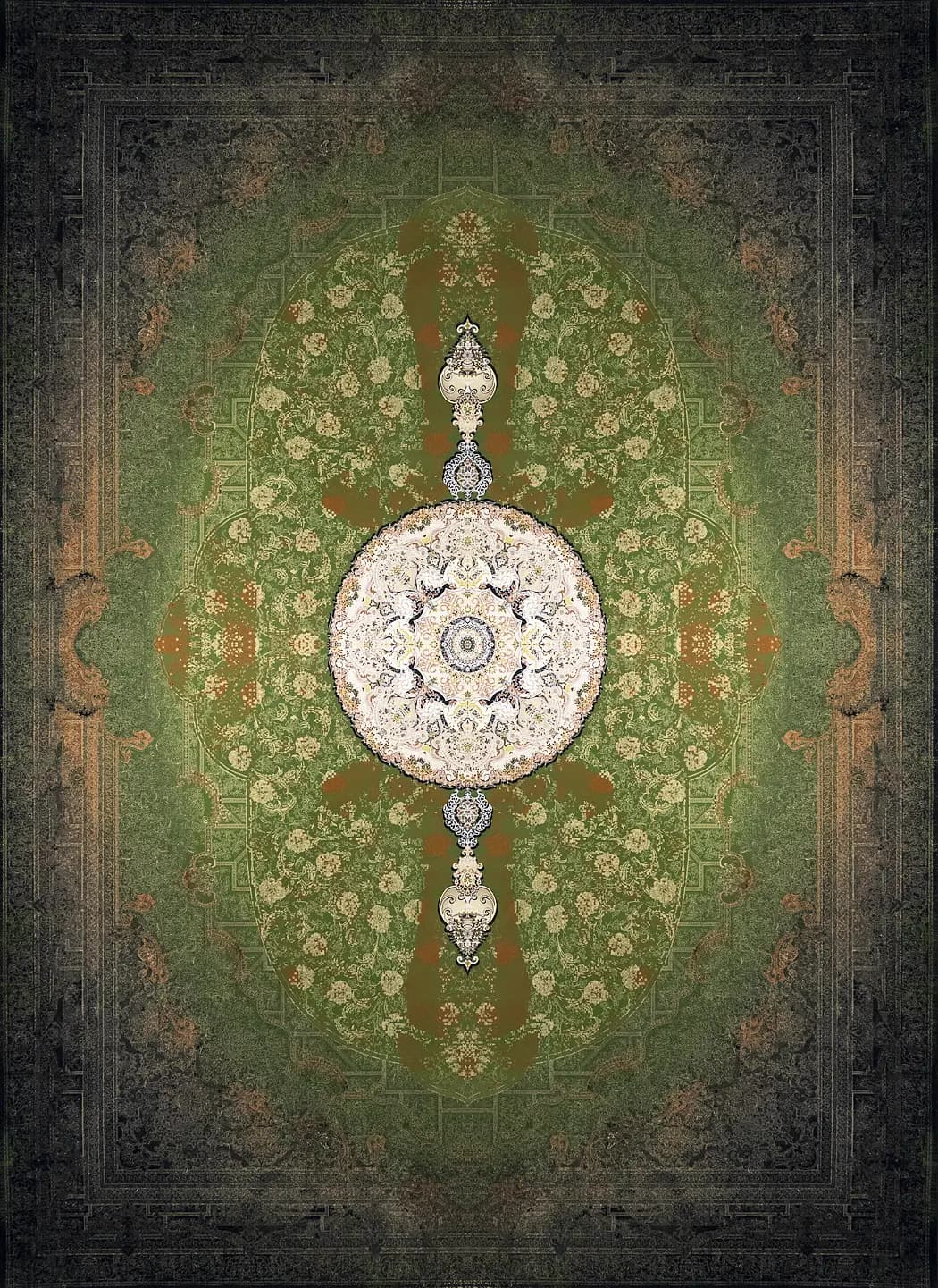 فرش ماشینی کهنه‌ نما آریانا مدل پروما سبز ۱۵۰۰ شانه