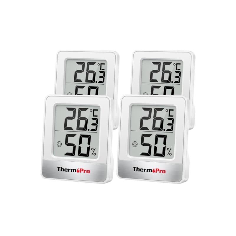 پک 4 عددی ترمومتر دیجیتال ThermoPro TP49W | اندازه‌گیری دما و رطوبت محیط داخلی | طراحی کوچک و قابل حمل | نمایش سریع و دقیق شرایط محیطی | ابزار کاربردی برای خانه، دفتر و محیط‌های آموزشی