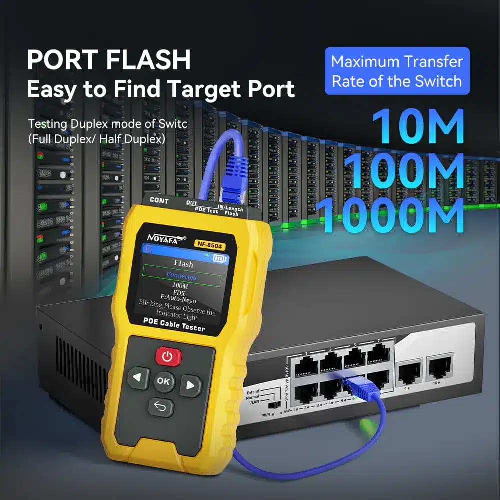 تستر کابل شبکه NOYAFA مدل NF-8504 با نمایشگر رنگی PoE — تصویر ۴
