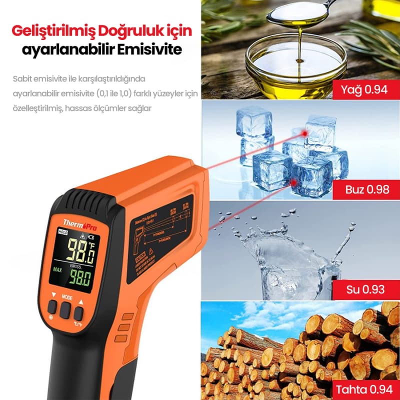 ترمومتر صنعتی ThermoPro TP450 | ضد شوک و مقاوم | لیزر دوگانه مادون قرمز | اندازه‌گیری دما از -50 تا 550 درجه سانتی‌گراد | ترمومتر غیرتماسی برای مواد جامد و مایعات | ابزار حرفه‌ای برای صنایع و آشپزخانه — تصویر ۵