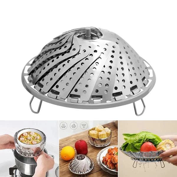 سبد بخارپز استیل بزرگ قطر ۲۶ سانتی‌متر چندمنظوره با پایه و گیره متغیر