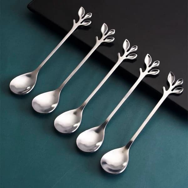 ست ۶ عددی قاشق چای‌خوری نقره‌ای مدل برگ | قاشق استیل شیک برای سرو چای و قهوه