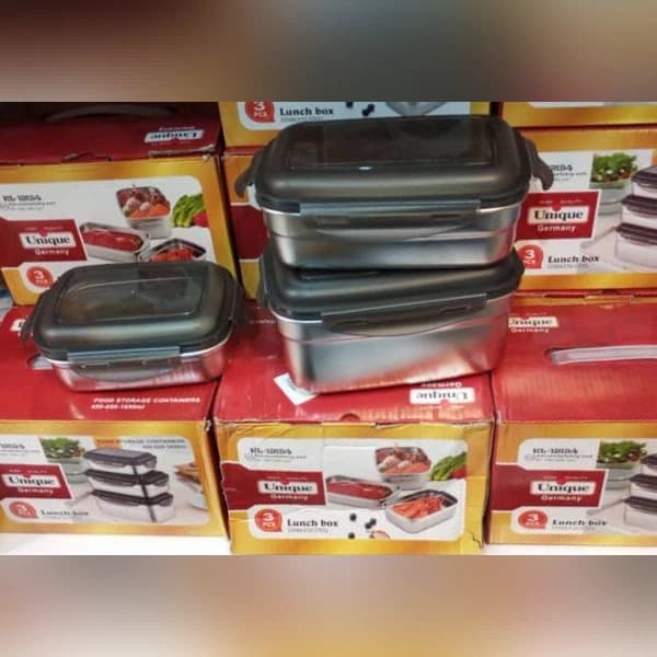 ظرف غذا استیل دوجداره یونیک ۳ تکه مستطیلی | لانچ باکس استیل ضد زنگ با درب چفت شونده
