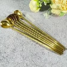 ست ۶ عددی قاشق نی پیچ طلایی فرچه‌دار | نی استیل قاشق‌دار مخصوص شربت و نوشیدنی