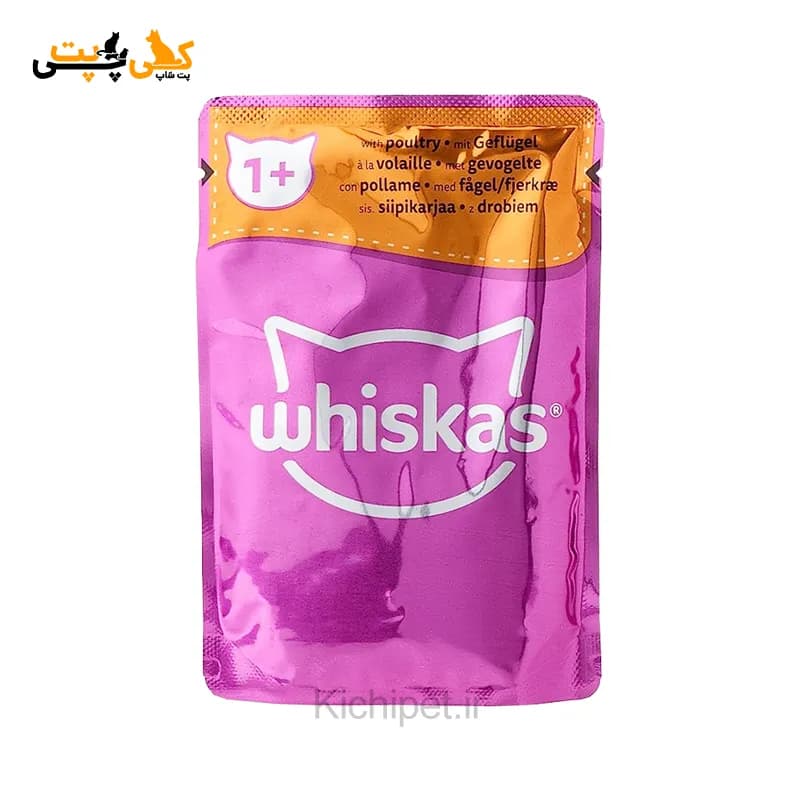 پوچ گربه ویسکاس Whiskas با طعم گوشت پرندگان در ژله – وزن 85 گرم