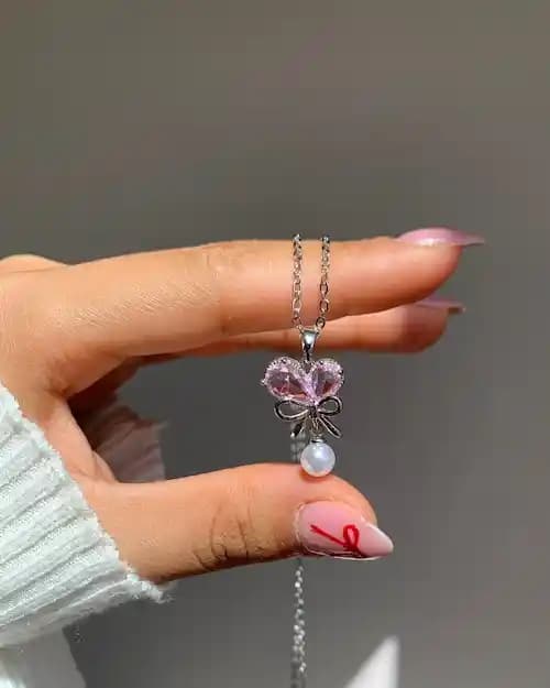 گردنبند دخترانه قلب صورتی و مروارید کد 104 — تصویر ۲