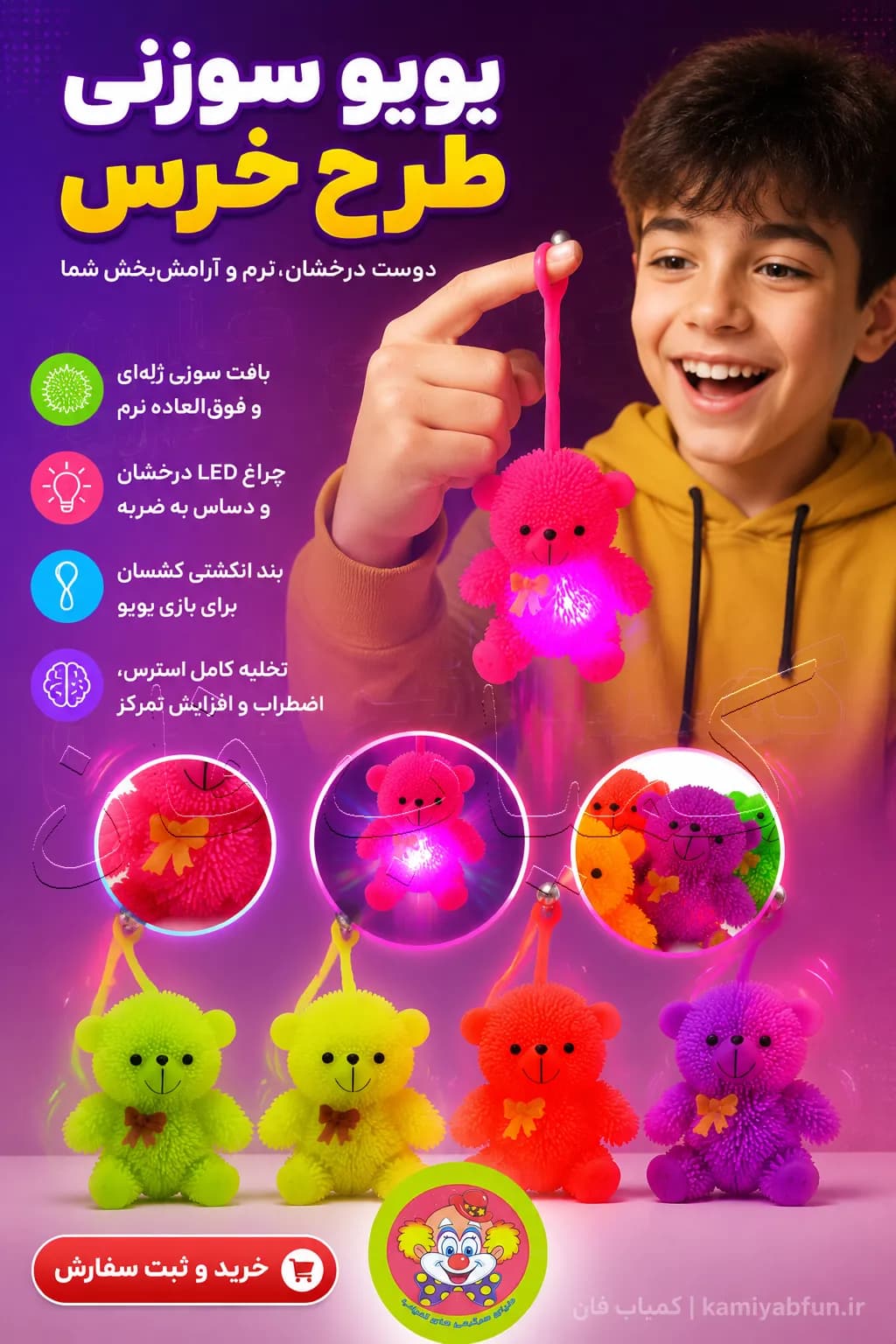 فیجت یویو سوزنی چراغ‌دار طرح خرس | اسباب‌بازی ضد استرس و نوری فانتزی — تصویر ۲