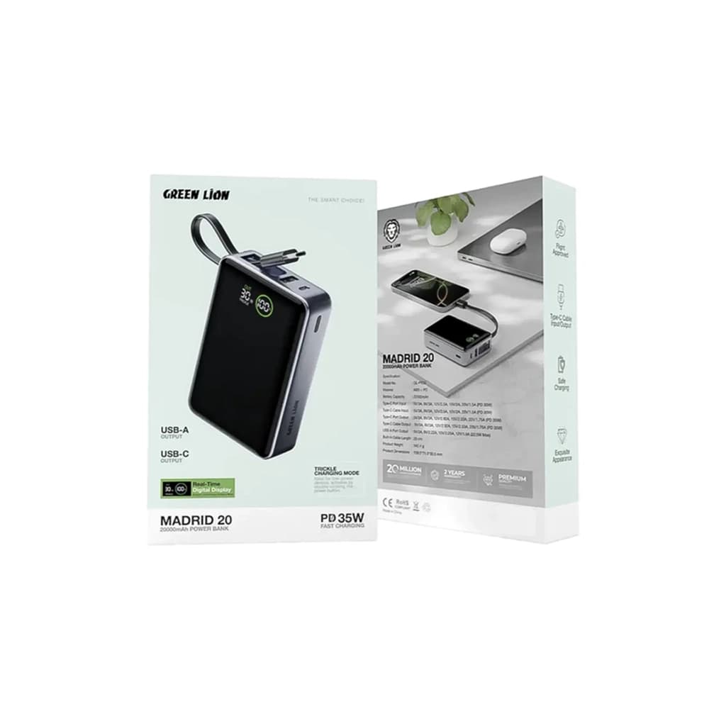 پاوربانک 20000 گرین لاین مدل Madrid 20 | شارژ سریع 35 وات با کابل Type C متصل — تصویر ۲