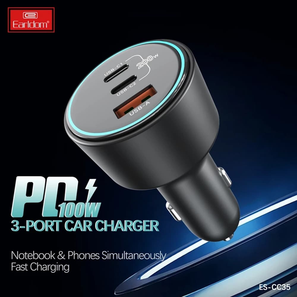شارژر فندکی 100 وات 3 پورت ارلدام مدل ES-CC35 | شارژ سریع لپ تاپ، گوشی و تبلت — تصویر ۳