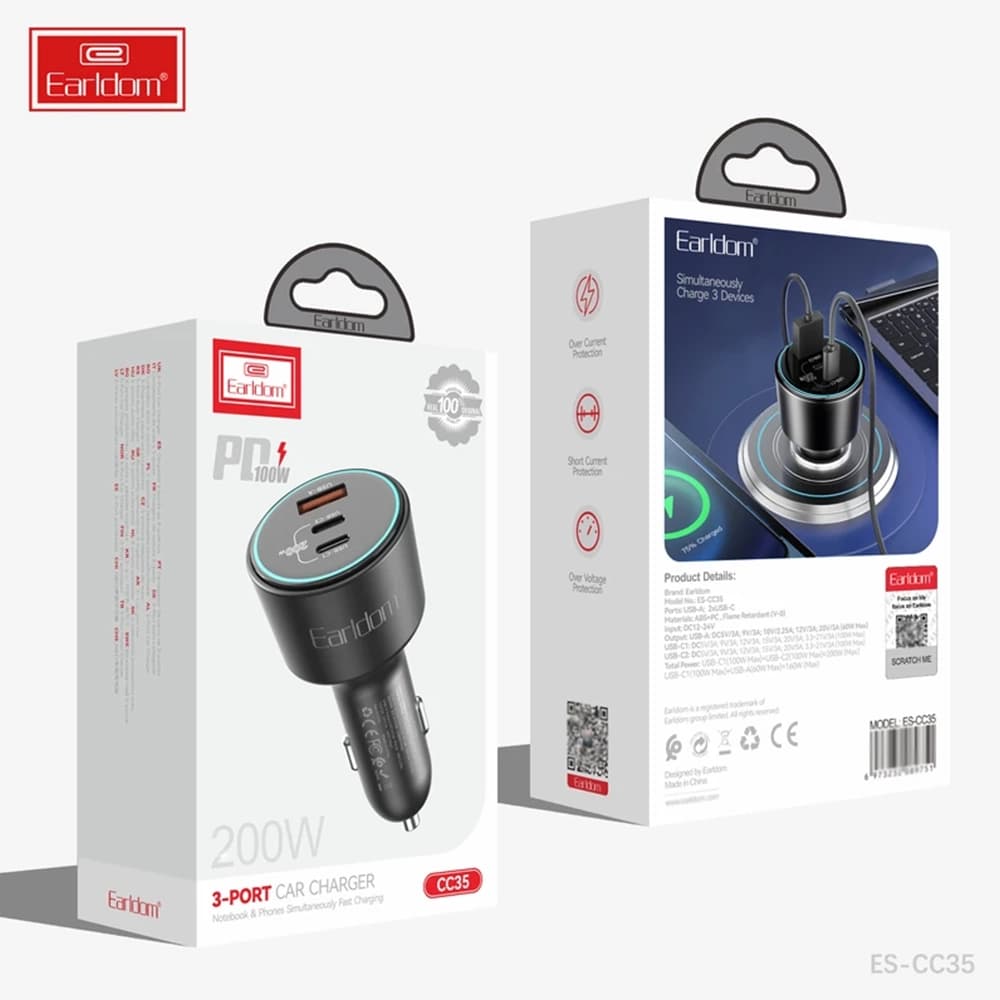 شارژر فندکی 100 وات 3 پورت ارلدام مدل ES-CC35 | شارژ سریع لپ تاپ، گوشی و تبلت — تصویر ۲
