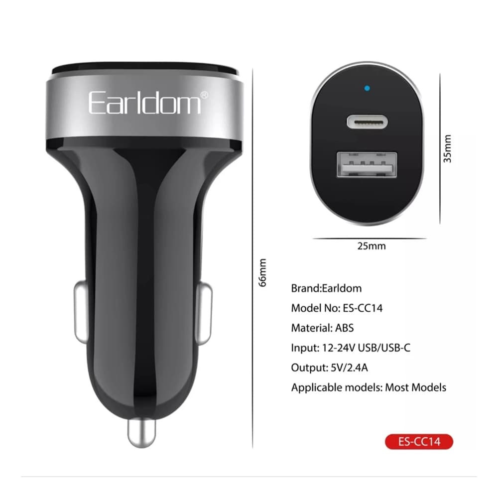 شارژر فندکی 2.4 آمپر ارلدام مدل ES-CC14 | فست شارژ دو پورت USB مناسب انواع موبايل و تبلت — تصویر ۳