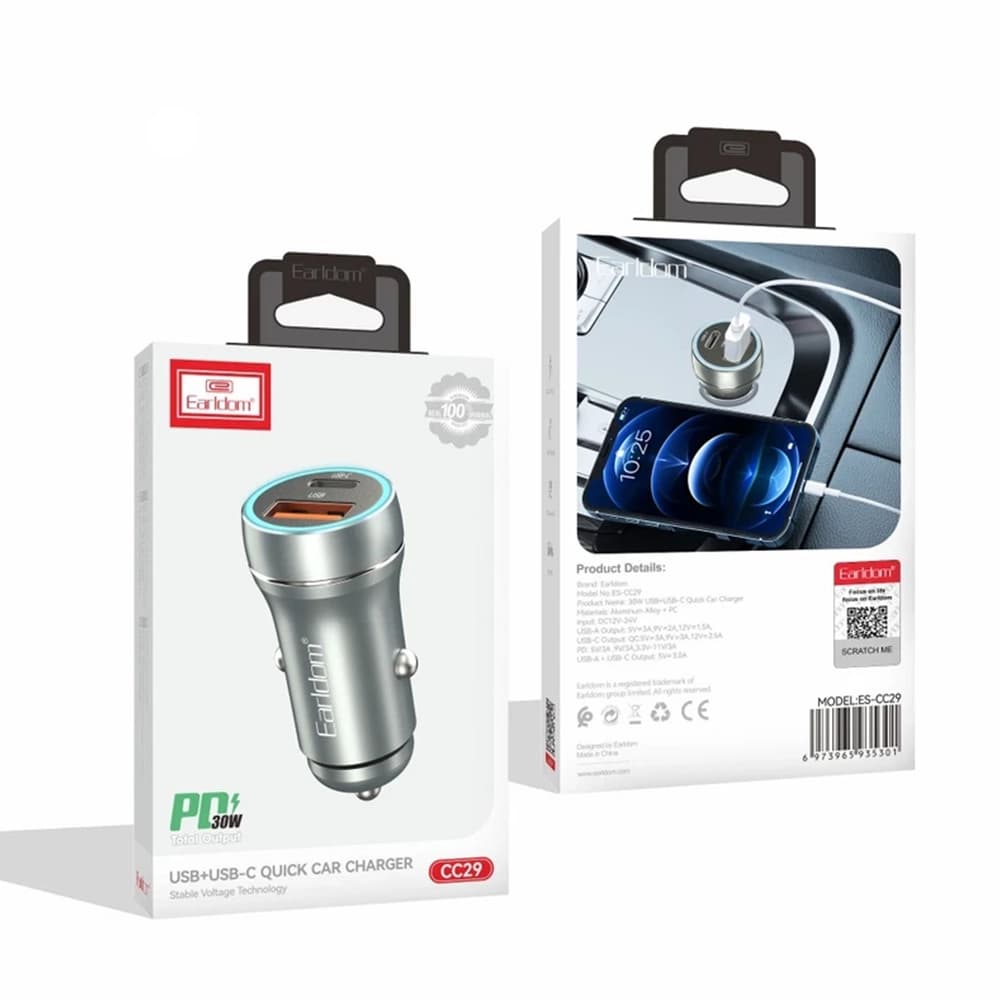 شارژر فندکی 30 وات ارلدام مدل ES-CC29 | شارژ سریع دو پورت USB و Type C — تصویر ۲