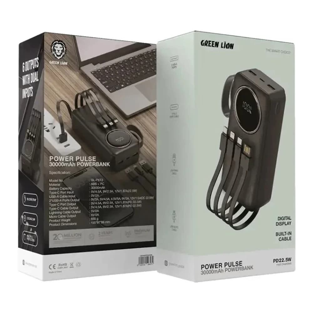 پاوربانک 30000 گرین لاین مدل Power Pulse GL-PX13 | شارژ سریع 22.5 وات با 6 خروجی — تصویر ۲