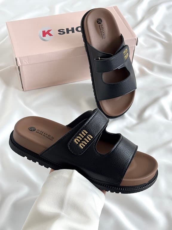 صندل دوبند چسبی طرح میو میو مشکی Miu Miu black double strap sandals