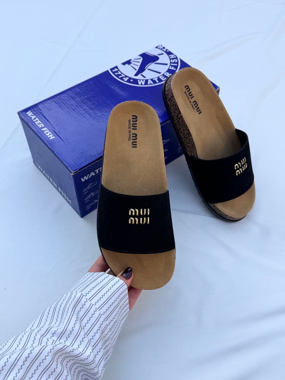 صندل برکن استایل طرح میو میو مشکی Miu Miu style black breakaway sandals — تصویر ۳