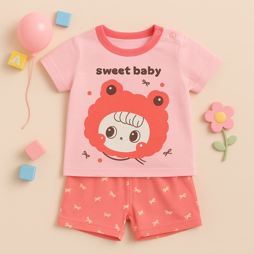 ست تیشرت و شلوارک دخترانه نخی مدل Sweet Baby