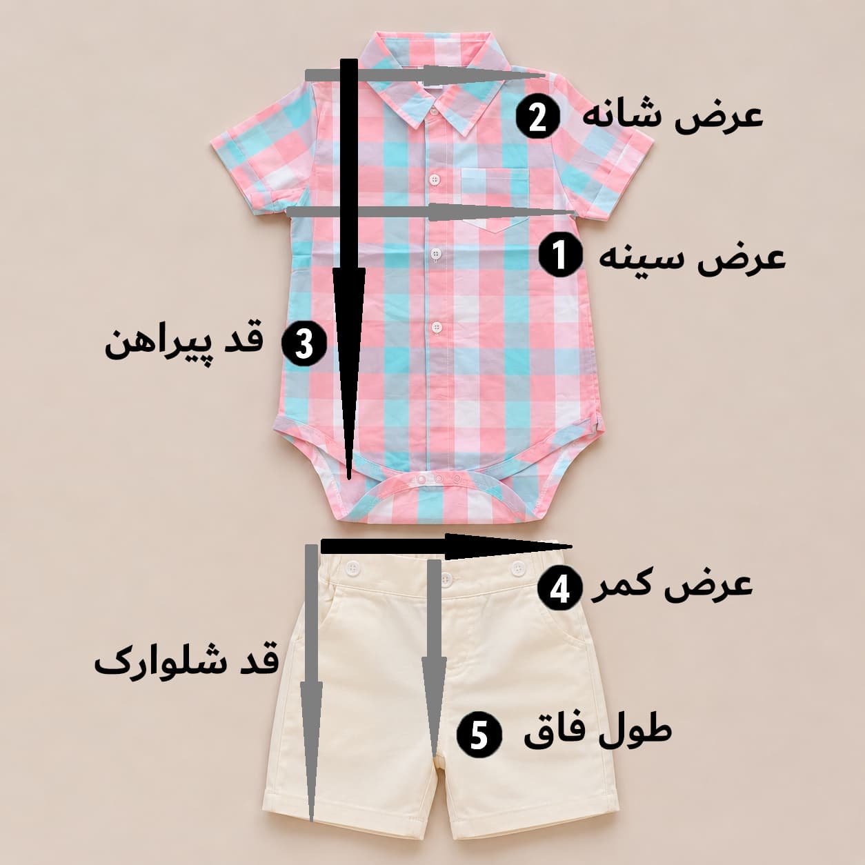 ست بادی شلوارک پسرانه وارداتی | با پیراهن چهارخانه و ساسبند و پاپیون — تصویر ۳