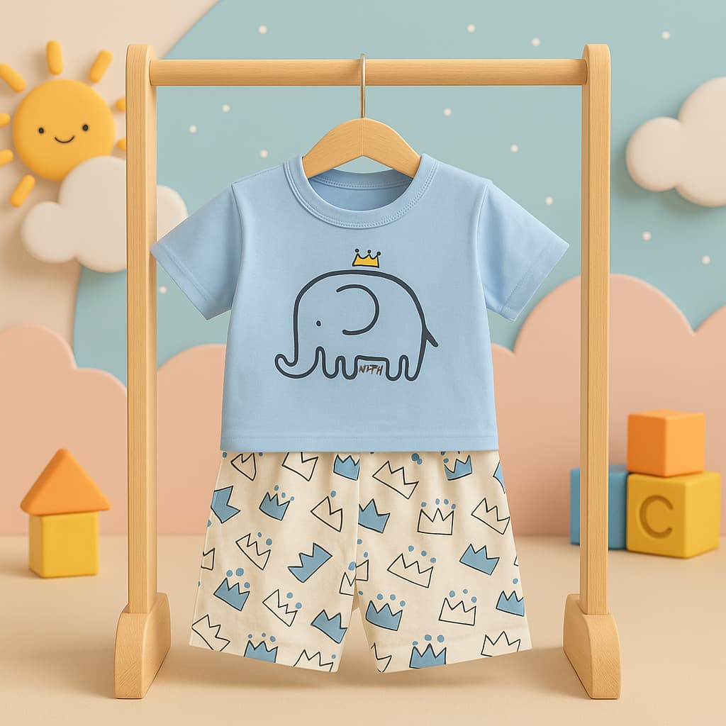 ست لباس نخی بچه‌گانه وارداتی اسپرت طرح فیل | تیشرت و شلوارک تابستانه — تصویر ۵