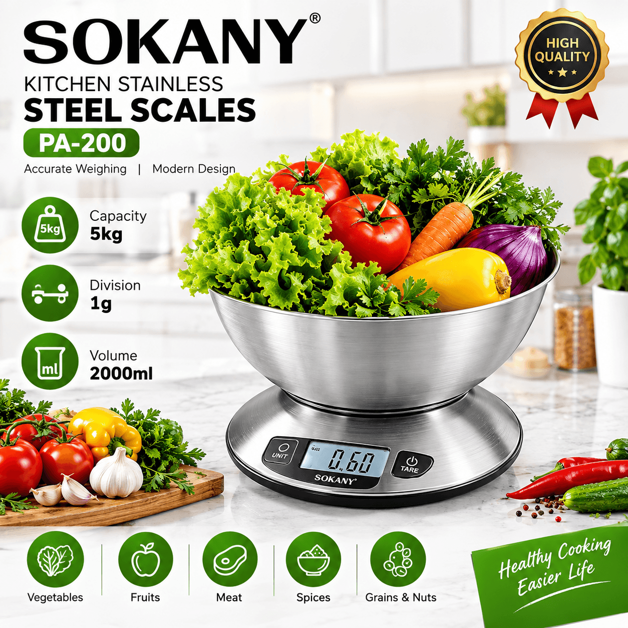 ترازو آشپزخانه دیجیتال SOKANY PA-200 ظرفیت 5 کیلو دقت 1 گرم کاسه استیل