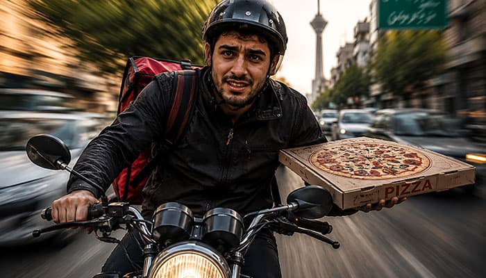 عکس تبلیغاتی مرد جوان ایرانی پیک موتوری دلیوری پیتزا در خیابان تهران | تصویر باکیفیت ارسال سریع