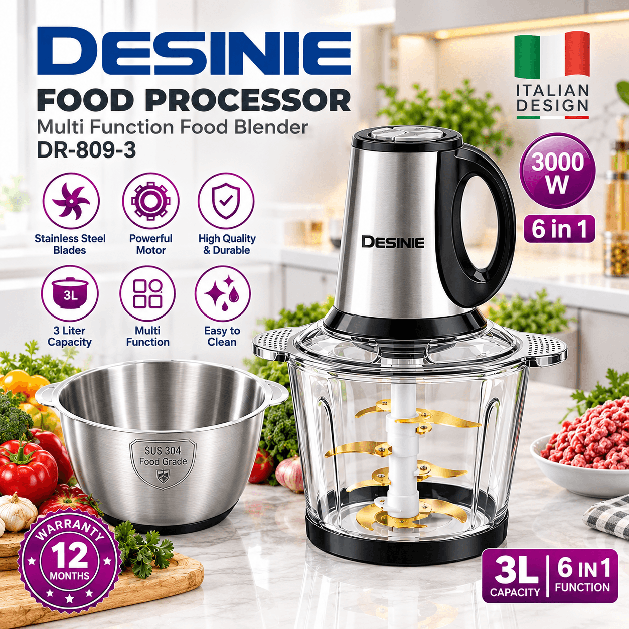 خردکن دسینی DR-809-3 شش کاره 3000 وات 3 لیتری با پوست‌کن سیر و تیغه یدک