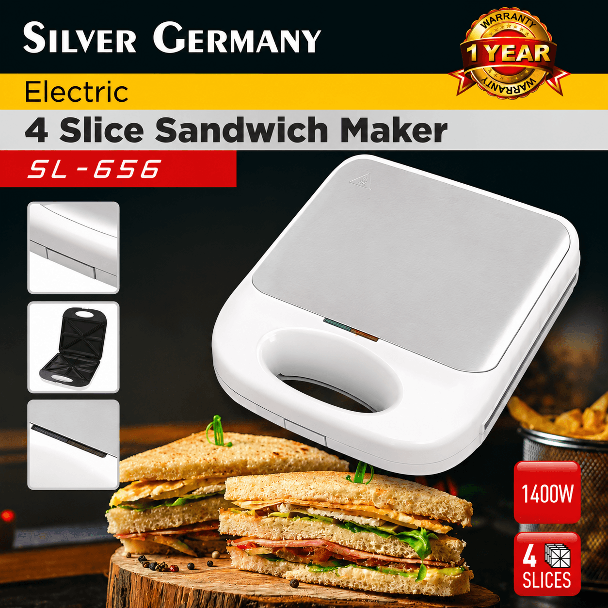 ساندویچ ساز ۴ خانه سیلور جرمنی مدل SL-656 توان 1400 وات — تصویر ۲