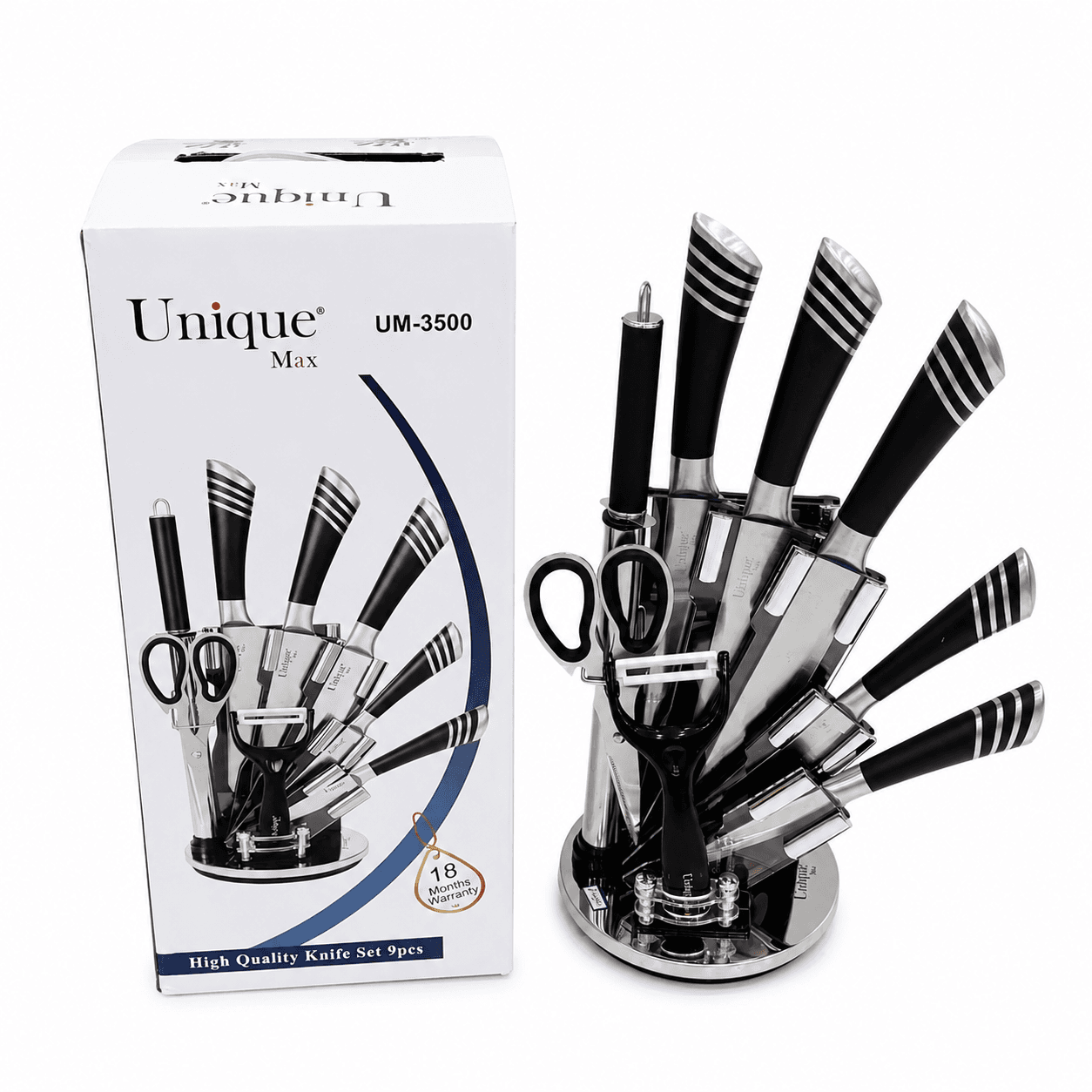 ست کامل چاقوی آشپزخانه یونیک مکس مدل UM-3500 | 9 پارچه پایه‌دار