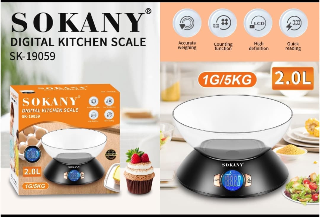 ترازوی دیجیتال آشپزخانه سوکانی مدل SK-19059 | کاسه 2 لیتری | دقت 1 گرم تا 5 کیلوگرم