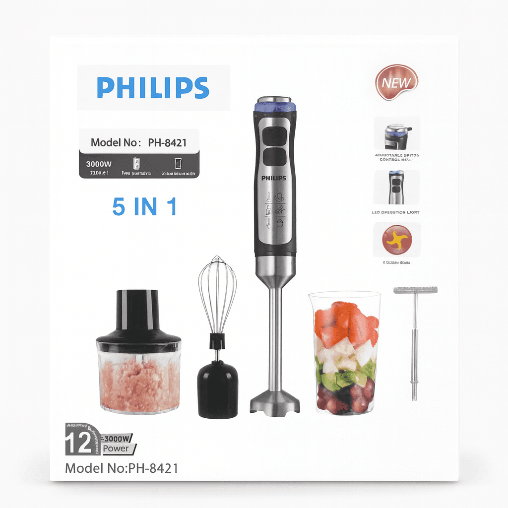 گوشت‌کوب برقی 5 کاره فیلیپس مدل PH-8421 با موتور 3000 وات – چندکاره حرفه‌ای آشپزخانه