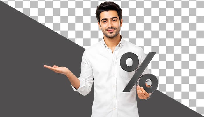 دانلود PNG مرد جوان ایرانی با علامت درصد | تصویر دوربری شده تخفیف و فروش ویژه
