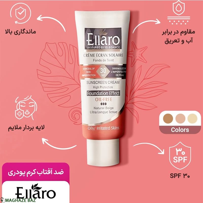کرم ضد آفتاب کرم پودری الارو (Ellaro) مناسب انواع پوست رنگ بژ طبیعی حجم 40 میلی‌لیتر — تصویر ۳
