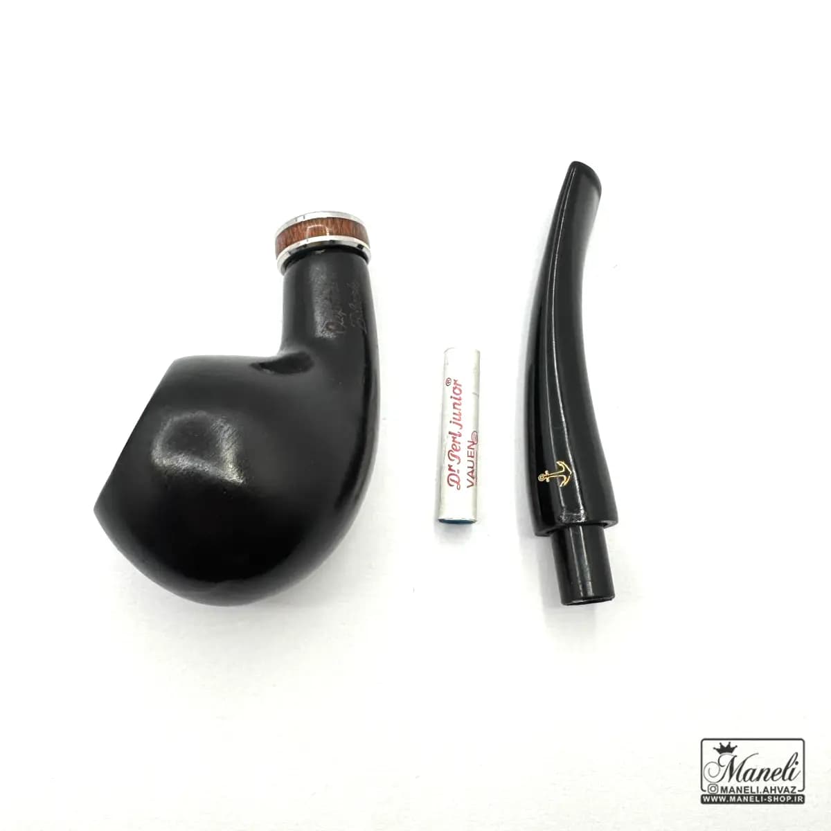 پیپ چوبی مشکی capitan black با حلقه طرح چوب استیل — تصویر ۳