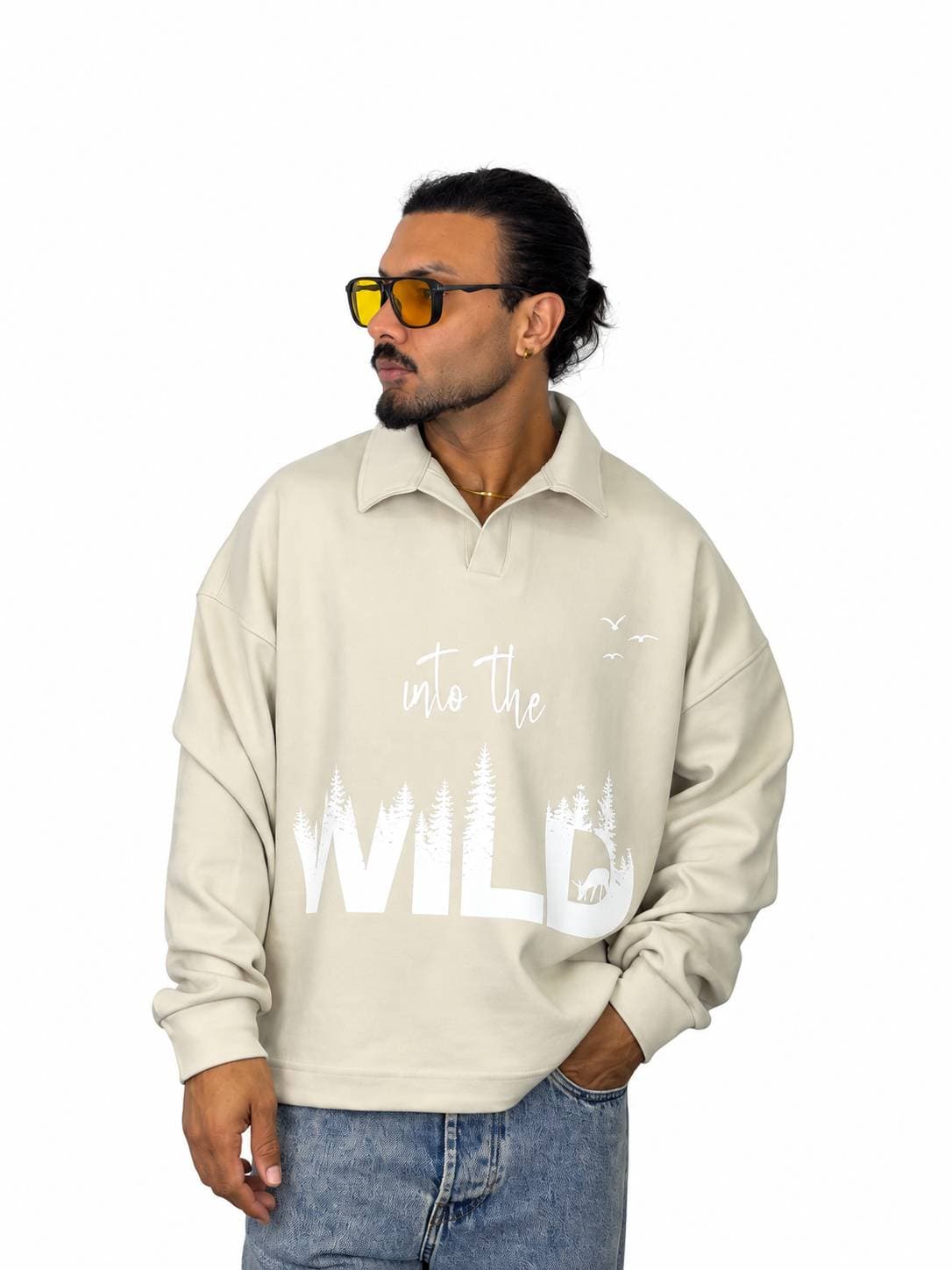 بلوز کبریتی یقه‌دار مردانه طرح WILD شیری