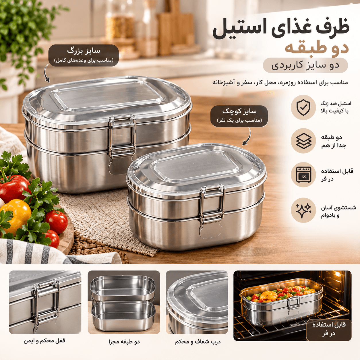 ظرف غذا استیل دو طبقه — تصویر ۵