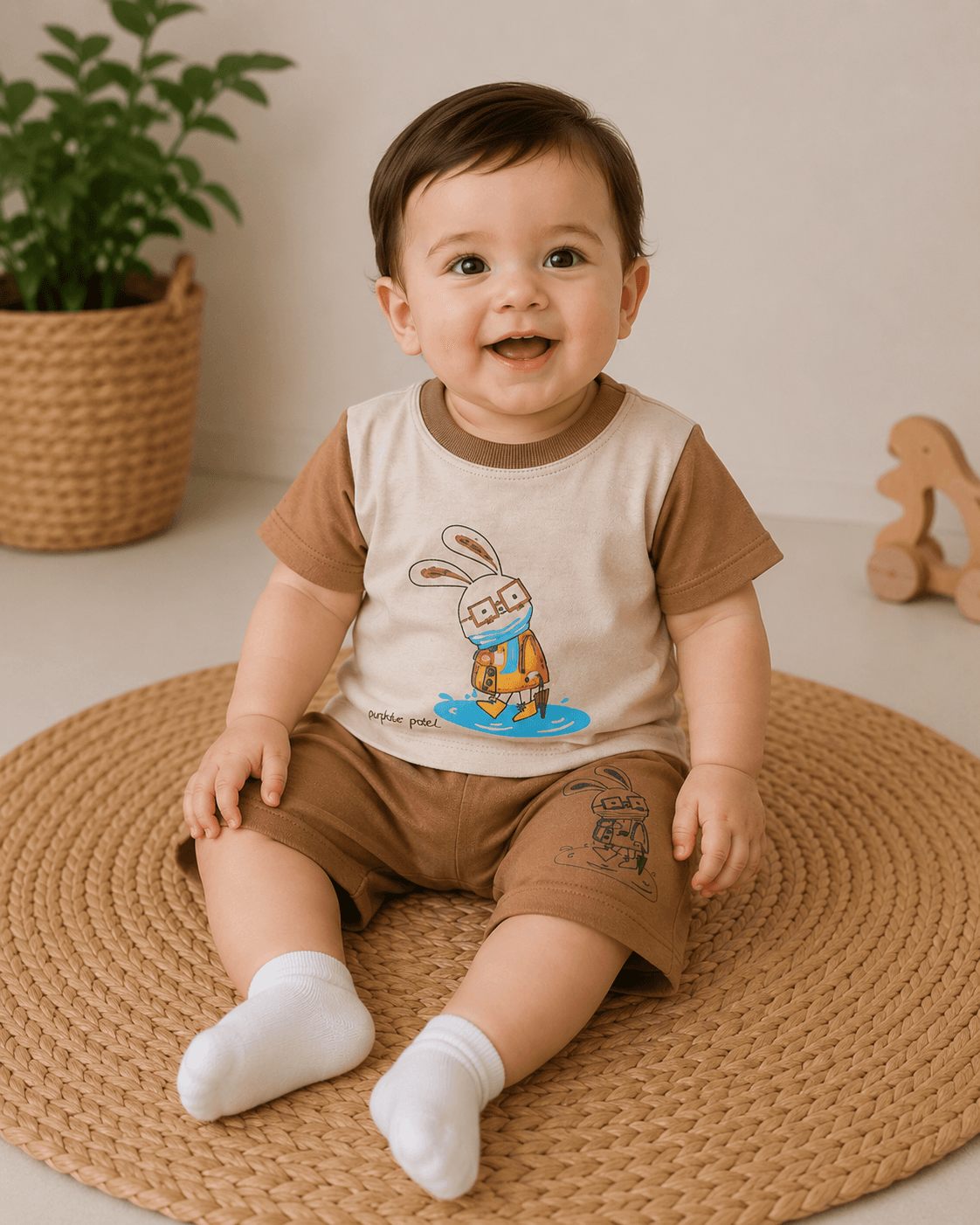 تیشرت و شلوارک پنبه ای کرم وقهوه ای خرگوش