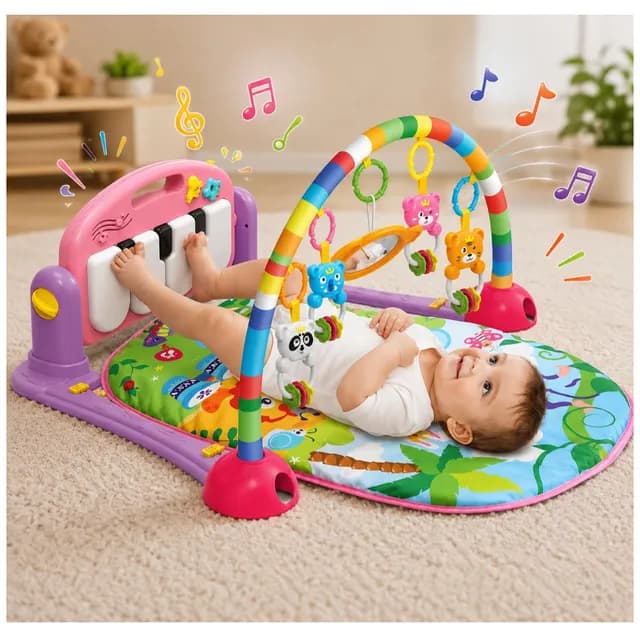 تشک و پلی جیم پیانو دار هانگر مدل Baby Play Gym Piano Mat Pink آیتم HE0604