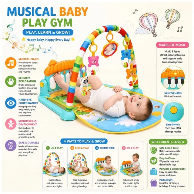 تشک بازی موزیکال هانگر مدل Baby Piano Fitness Rack ایتم HE0639 — تصویر ۲
