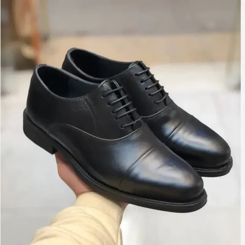 کفش چرم مردانه مجلسی رخشی تبریز مدل ونیز مشکی رویه چرم طبیعی آستر چرم بزی کفی طبی زیره لاستیک نشکن قالب استاندارد — تصویر ۳